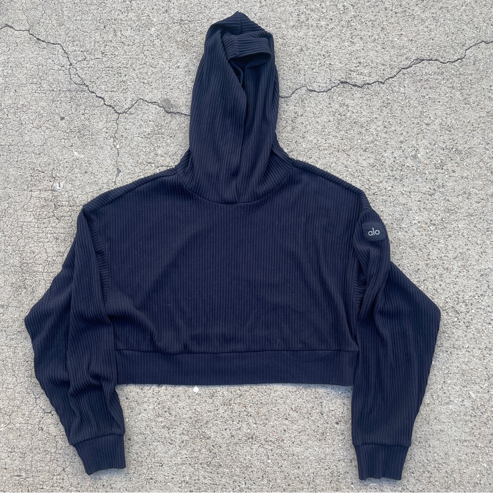 ALO Yoga Navy Blue Muse Ribbed Cropped Hoodie Size XL